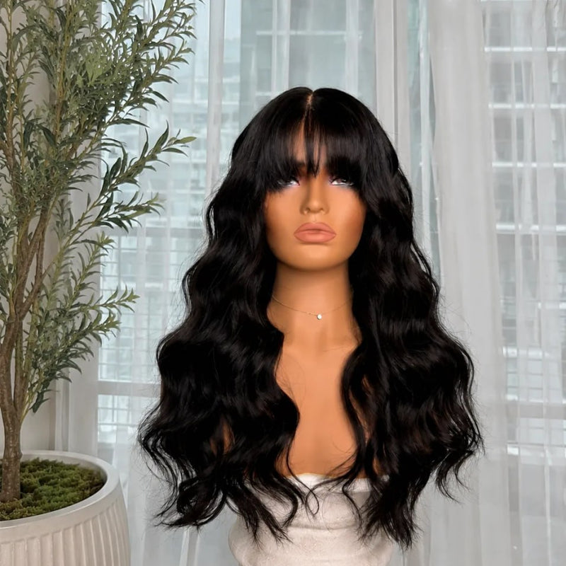 Natural Black Soft Waves with Bangs Wig